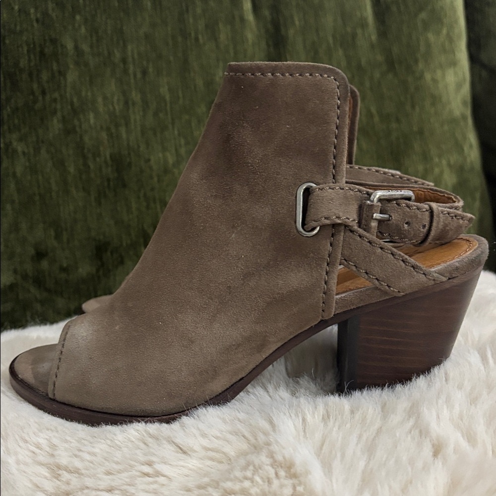 Frye Dani Shield Suede Wood Brown Open Toe Bootie Heel Sling Sandal Size 8 - Picture 2 of 12